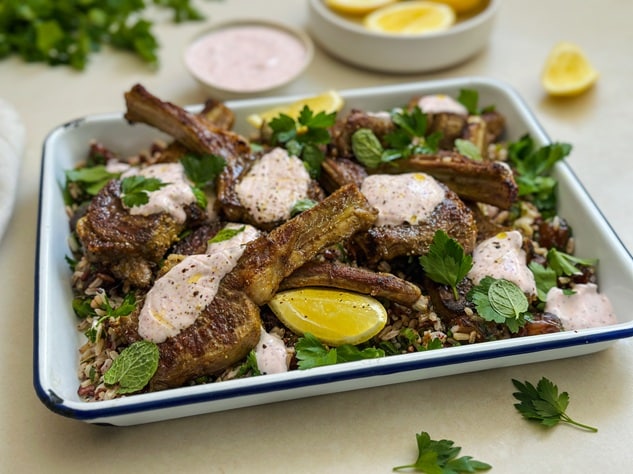 Spiced Lamb Cutlets with Sumac Yoghurt & Grain Salad 