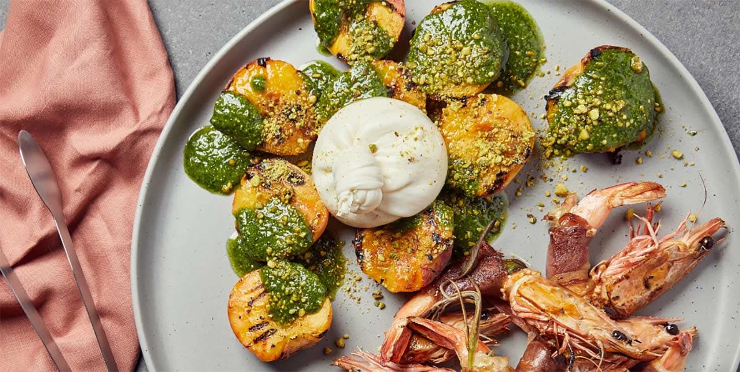Burrata, Peaches, Pistachio Pesto BeefEater Australia