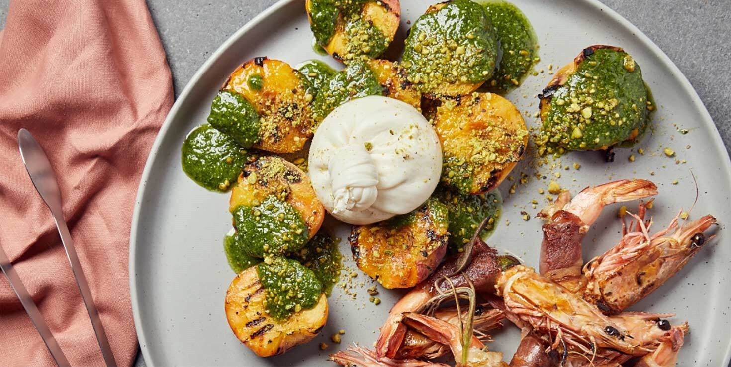 Burrata, Peaches, Pistachio Pesto