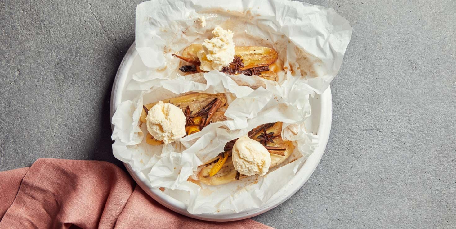 Maple baked BBQ bananas with vanilla bean ice cream