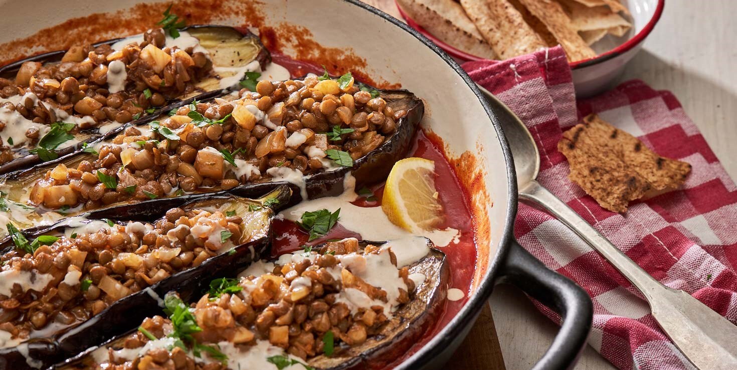 Lentil Stuffed Eggplant with Cardamom Sauce