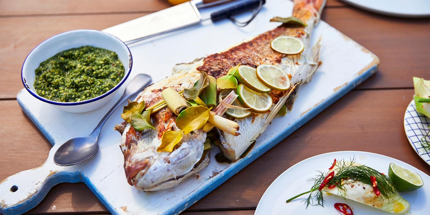 Whole grilled Pink Snapper, fragrant herbs, lime and spiced cashew pesto