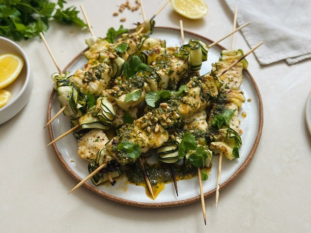 Marinated Haloumi & Zucchini Skewers with Herbie Dressing