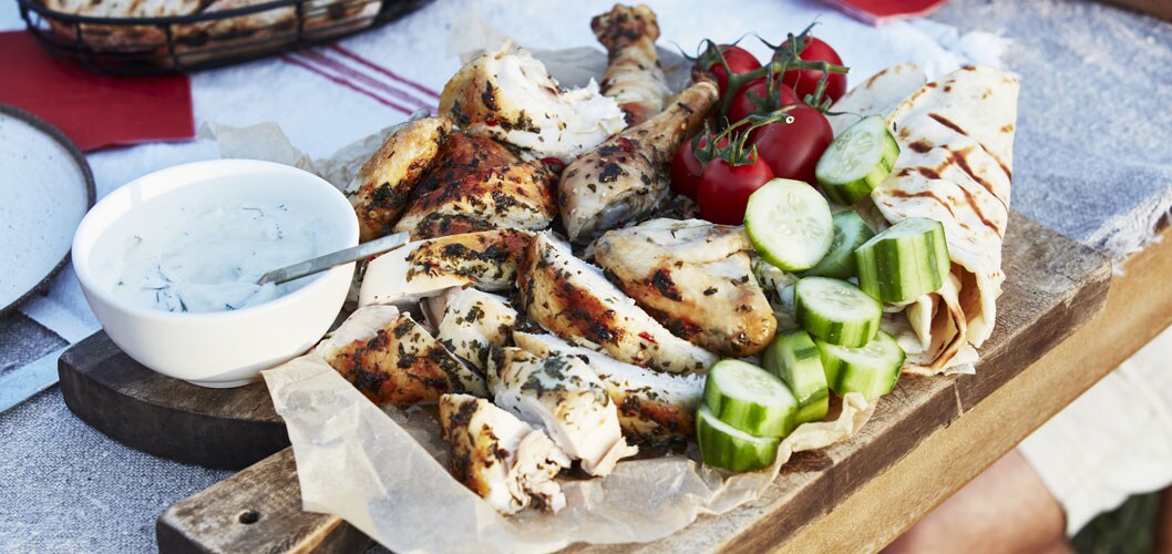 Marinated chicken with lemon dill yoghurt dressing